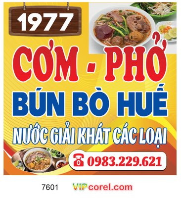 Download file gốc Biển quảng cáo cơm phở 1977 - bún bò huế file corel (in lụa) tranh 3D
