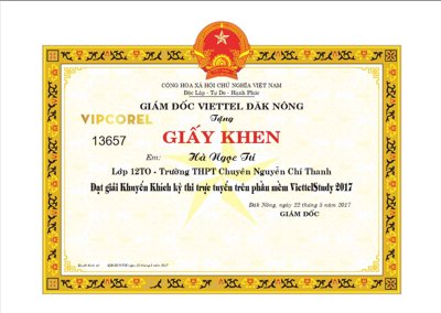 File gốc Giấy khen kỳ thi trực tuyến Viettel Study file corel (cho in ấn) độc quyền