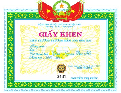 File tranh Giấy khen trường mầm non Hoa Mai file Corel (gốc) in film
