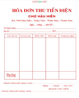 Tải file gốc Hóa đơn thu tiền điện chợ Hậu Hiền file CDR dùng cho in ấn