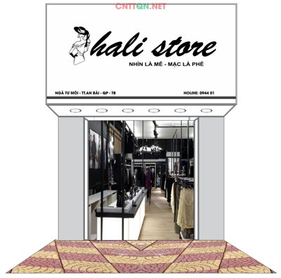File in mica Mặt dựng bảng hiệu Shop Thời Trang Hali Store (bản gốc) làm vách ngăn