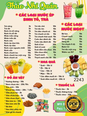 Download file Market menu Thảo Nhi Quản - các loại nước ép - sinh tố file CDR (gốc) in mica ốp bếp