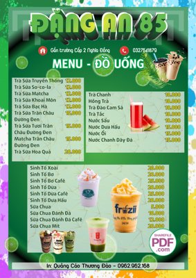 Hình ảnh file gốc in lụa Menu Đặng An 85 - Menu đồ uống file PDF và file CDR