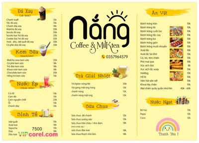 File gốc Menu A4 Nắng Coffee & Milktea file vector corel (in mica) làm bảng hiệu