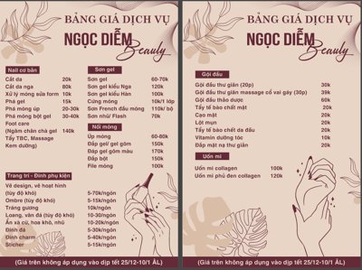 File in trần Menu Bảng giá dịch vụ Ngọc Diễm Beauty (bản gốc) hoa văn
