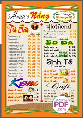 Download file gốc Menu Nắng - Trà sữa bảo ngọc file vector PDF & CDR (in mica) trong suốt