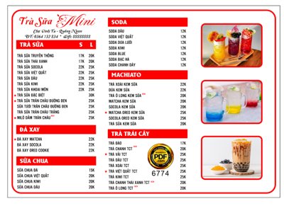 Download file gốc Menu trà sữa Mini - chợ Vinh Tu - Quảng Ngạn file corel (in lụa) hoa lá