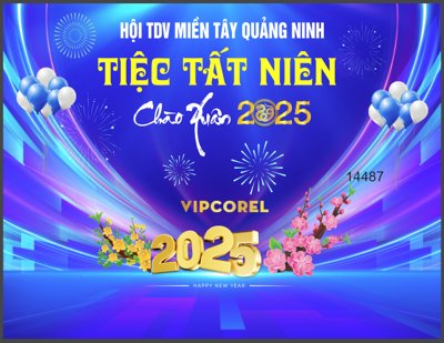 File gốc Phông tiệc tất niên chào xuân 2025 file corel (in mica) trang trí
