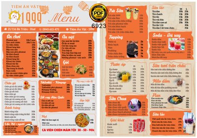 File gốc Thiết kế mẫu Menu tiệm ăn vặt 1999 file corel cho in ấn và thiết kế