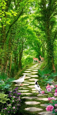 File gốc Tranh 3D khổ dọc con đường đi vào rừng cây (in lụa) hoa văn cổ điển