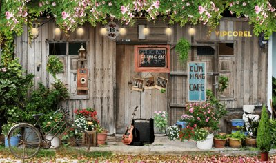 Tệp tin gốc Tranh cửa hàng cafe - xe đạp - đàn ghi ta file corel (chất lượng) Tranh cửa hàng cafe - xe đạp - đàn ghi ta file corel