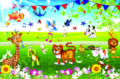 File in ấn Tranh dán tường 3D khu vườn thú vui chơi cho bé chuyên nghiệp