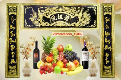 File gốc Tranh phòng thờ, bàn thờ, mâm ngũ quả file PSD 15082 (in lụa) chi tiết cao