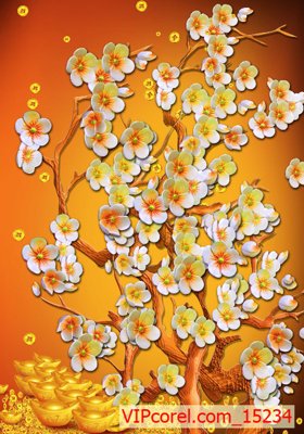 Download file gốc Tranh tài lộc - Tranh tường 3D file PSD 15234 (in lụa) hoa lá