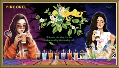 File PSD Tranh tường trang trí quán trà sữa đẹp - 2 cô gái (chất lượng in ấn)