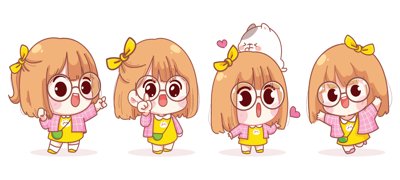 File gốc Vector chibi bé gái tóc dài đeo kính có nơ (in ấn) màu sắc trung thực