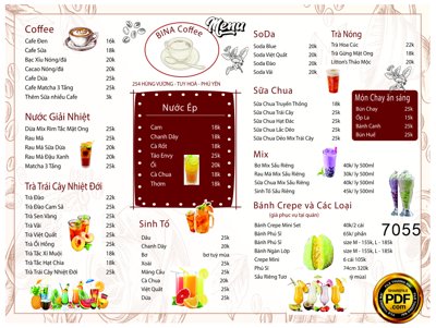 Ảnh gốc Vector menu đồ uống Bina coffee file corel (độ nét cao) in tráng gương