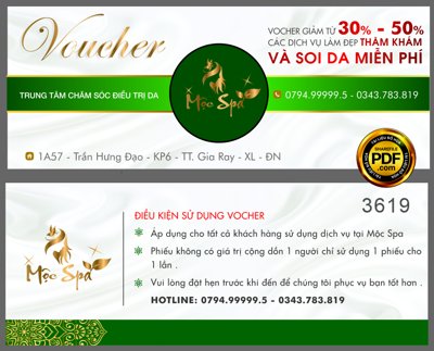 File gốc Voucher Trung tâm chăm sóc điều trị da Mộc Spa (in lụa) họa tiết 3D