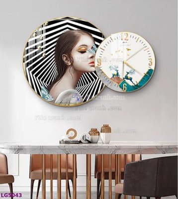 File gốc File tranh đồng hồ tráng gương tròn lồng ghép LG5043 (in lụa) hoa văn cổ điển