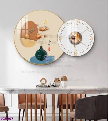 File gốc File tranh đồng hồ tráng gương tròn lồng ghép LG5207 (in lụa) hoa văn cổ điển