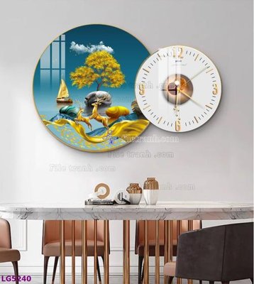 File tranh File tranh đồng hồ tráng gương tròn lồng ghép LG5240 (file gốc) chủ đề phong thủy