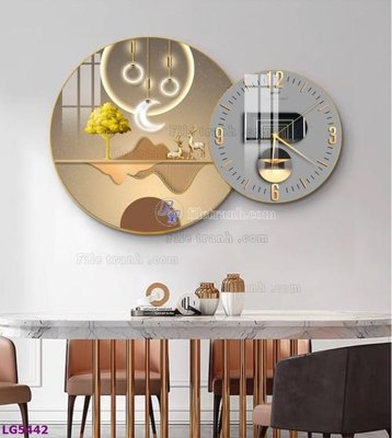 File tranh gốc in trần nhà File tranh đồng hồ tráng gương tròn lồng ghép LG5442 3D