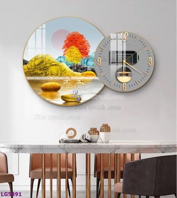 File tranh File tranh đồng hồ tráng gương tròn lồng ghép LG5491 (gốc) chủ đề thiên nhiên