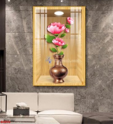 File gốc File tranh bình hoa 5D ô trưng bày đèn rọi B5D70 (in lụa) tranh mã đáo