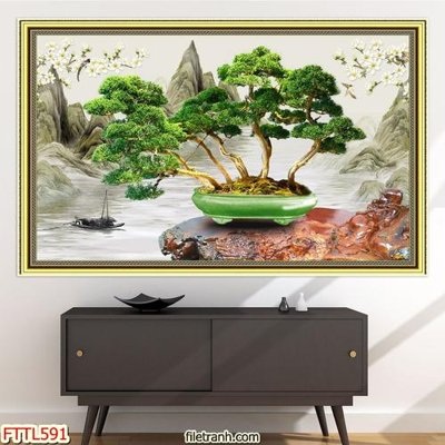 File tranh File tranh chậu mai bonsai FTTL591 (bản gốc) in lụa 5D