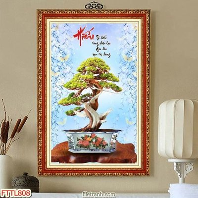 File tranh gốc in trần nhà File tranh chậu mai bonsai FTTL808 3D