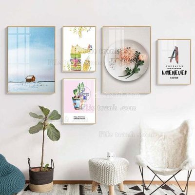 File in trần File tranh bộ 5 tấm hiện đại HD51247 (file gốc) xuyên sáng