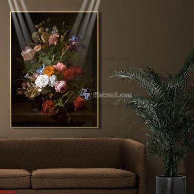 Download file gốc Tranh tĩnh vật sơn dầu hoa châu âu TV1003 (in lụa) hoa lá