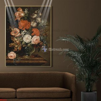File in lụa Tranh tĩnh vật sơn dầu hoa châu âu TV213 (hoa văn) Tranh tĩnh vật sơn dầu hoa châu âu TV213