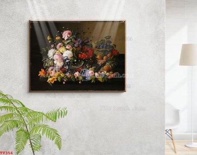 File in trần Tranh tĩnh vật sơn dầu hoa châu âu TV356 (file gốc) hoa văn 3D