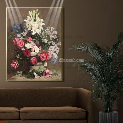 Download file Tranh tĩnh vật sơn dầu hoa châu âu TV378 (gốc) in mica bàn thờ