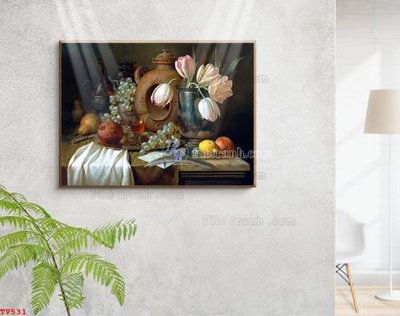 File in trần Tranh tĩnh vật sơn dầu hoa châu âu TV531 (bản gốc) hoa văn