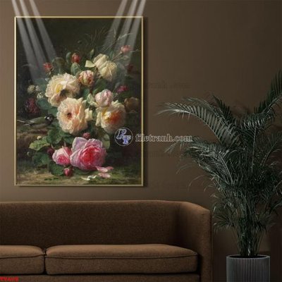 File in trần Tranh tĩnh vật sơn dầu hoa châu âu TV608 (bản gốc 3D) sống động