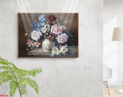 File in trần Tranh tĩnh vật sơn dầu hoa châu âu TV609 (bản gốc) 5D