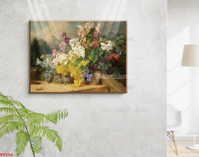 File in mica Tranh tĩnh vật sơn dầu hoa châu âu TV756 (bản gốc) làm vách ngăn