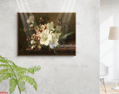 File in trần Tranh tĩnh vật sơn dầu hoa châu âu TV788 (bản gốc) mây trời