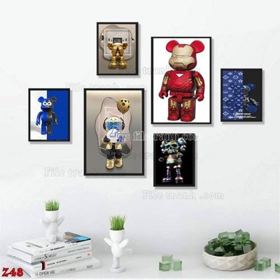 File gốc File tranh bộ 6 tấm kaws gấu bearbrick Z48 (in tráng gương) hiện đại