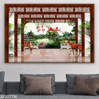 File gốc Tranh sơn thủy thác nước 2631TTN (in lụa) tranh thuận buồm