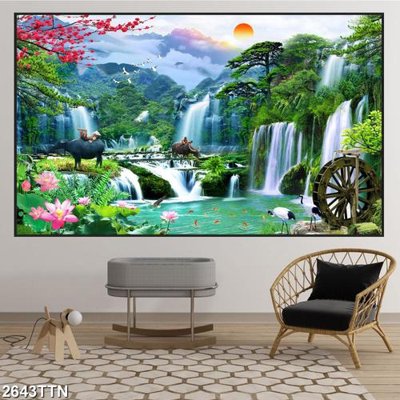 File tranh gốc in trần nhà Tranh sơn thủy thác nước 2643TTN 3D