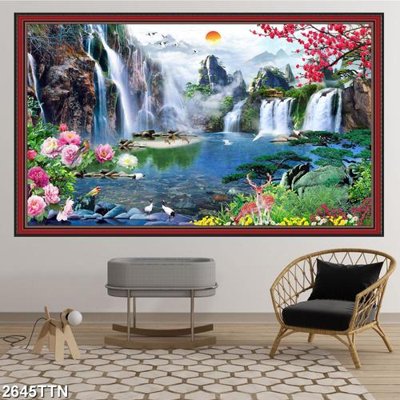 File gốc Tranh sơn thủy thác nước 2645TTN (in tráng gương) hiện đại
