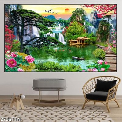 File tranh Tranh sơn thủy thác nước 2736TTN (gốc) in trên kính