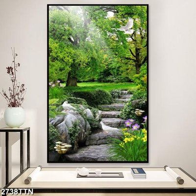 Download file gốc Tranh sơn thủy thác nước 2738TTN (in lụa) hoa lá