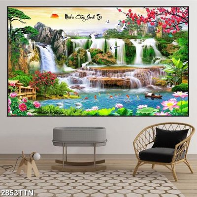 File tranh trang trí Tranh sơn thủy thác nước 2853TTN (file gốc)