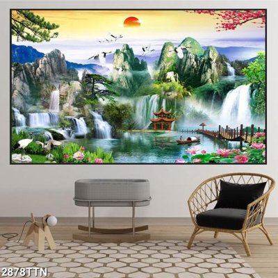 Tải file gốc in lụa Tranh sơn thủy thác nước 2878TTN siêu nét