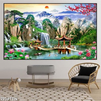 File gốc Tranh sơn thủy thác nước 2919TTN (in lụa) cao cấp