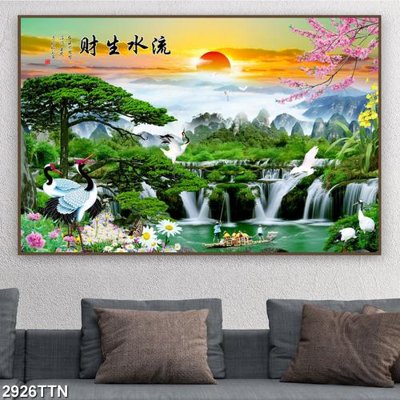 File in lụa Tranh sơn thủy thác nước 2926TTN (phong cảnh) Tranh sơn thủy thác nước 2926TTN
